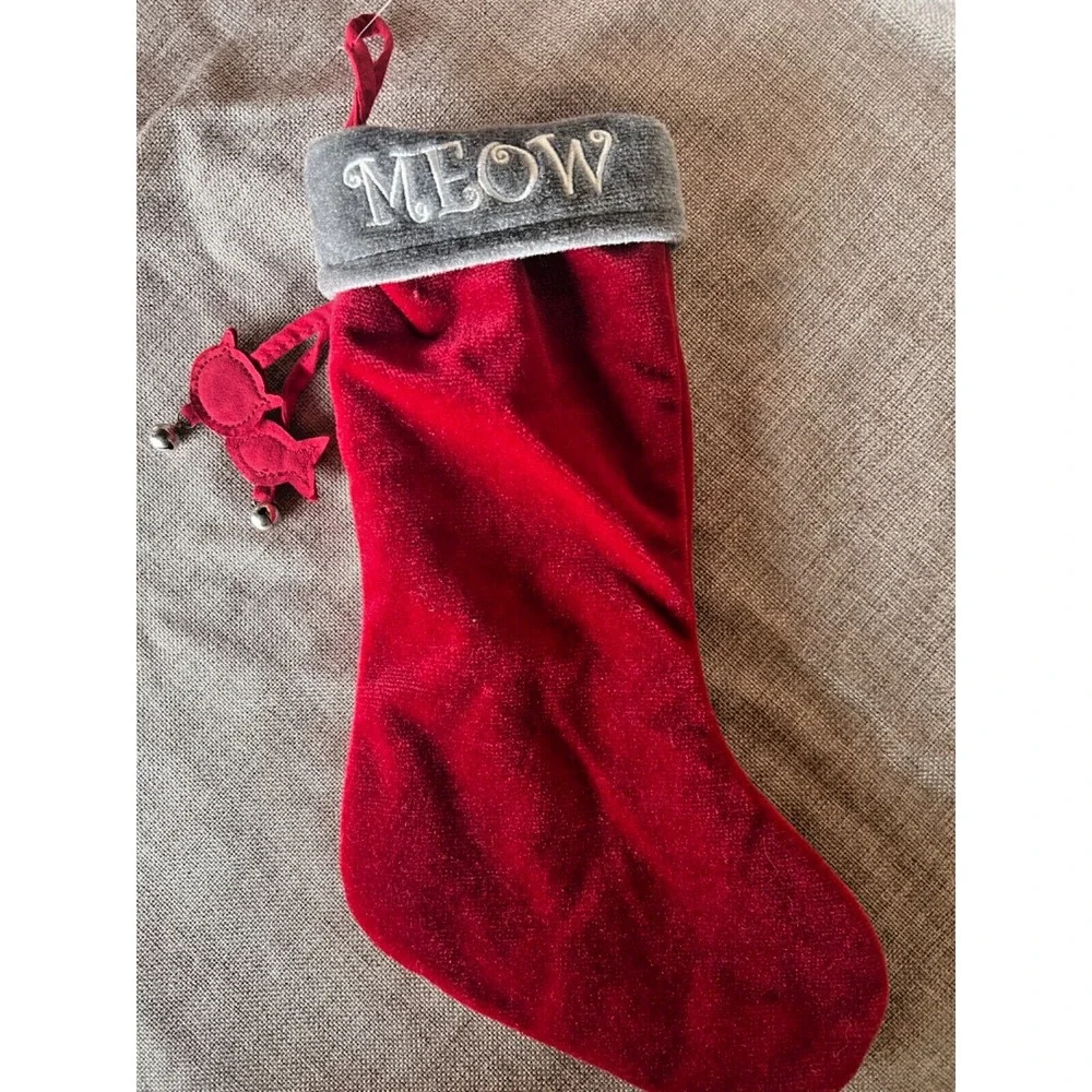 Christmas‎ Stocking Meow Pet Cat Kitty Kitten Red Silver Fish Bells Velvet 15